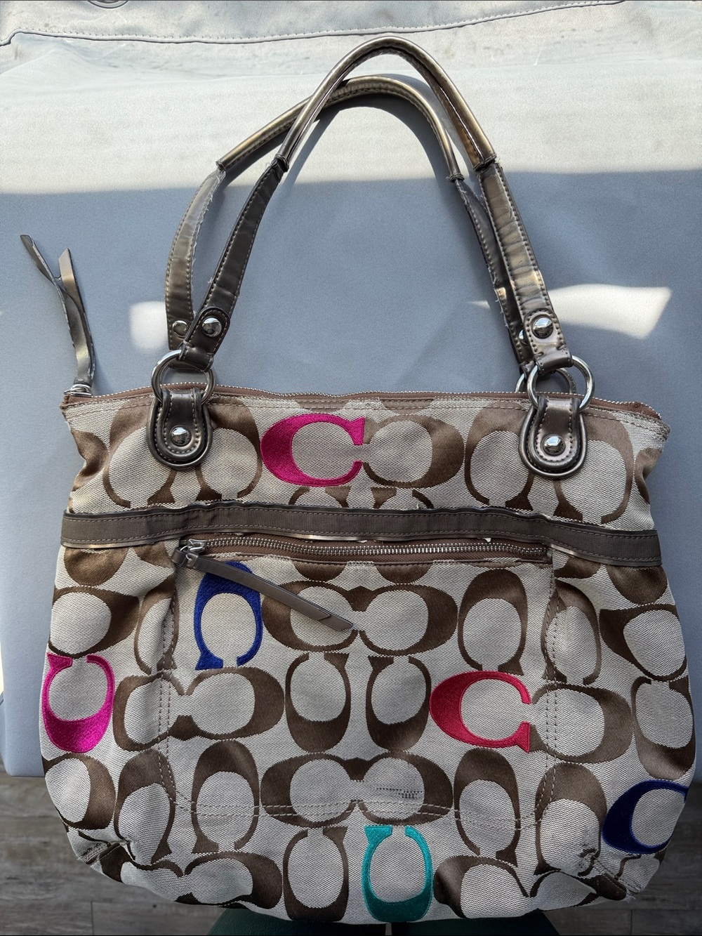 Coach Multicolor Logo Shoulder Tote in Brown with Pink, Blue, Teal Accents